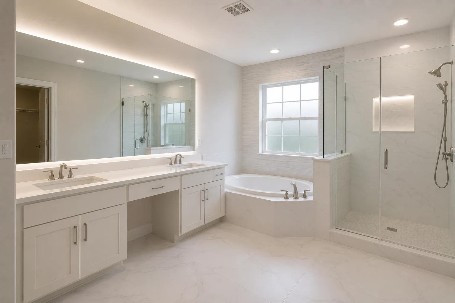 Finished primary bathroom with a white double vanity, backlit mirror, corner tub under a window and a frameless glass shower with a lit niche