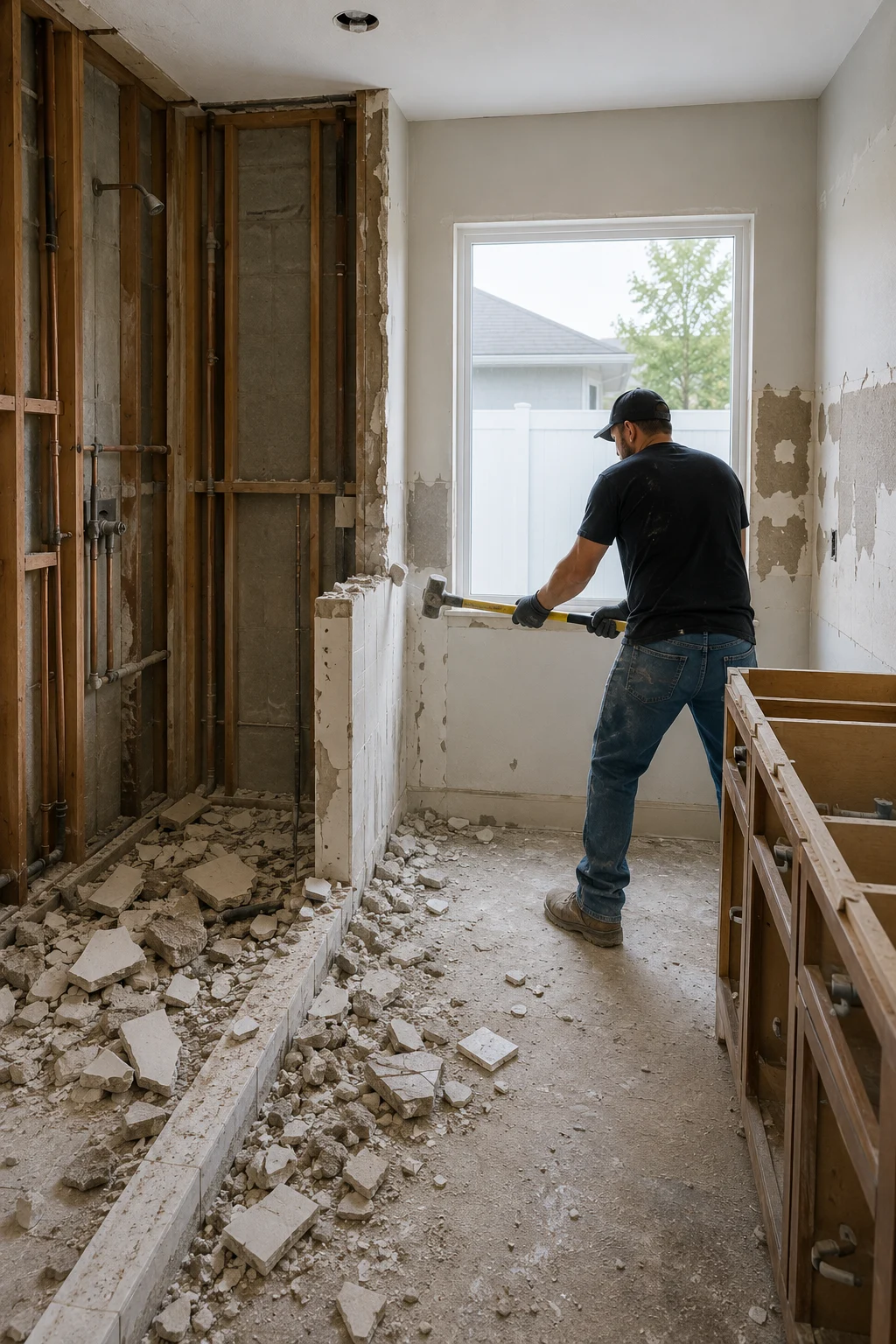 Bathroom stripped to the studs during demolition, with shower plumbing exposed in the wall and tile debris across the floor