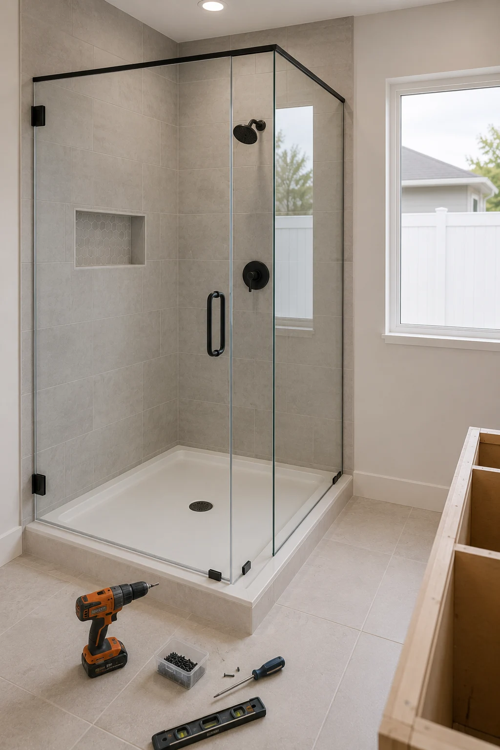 Newly tiled shower with frameless glass doors installed in a bathroom still under construction, with a drill, screwdriver and level on the floor beside an unfinished vanity frame