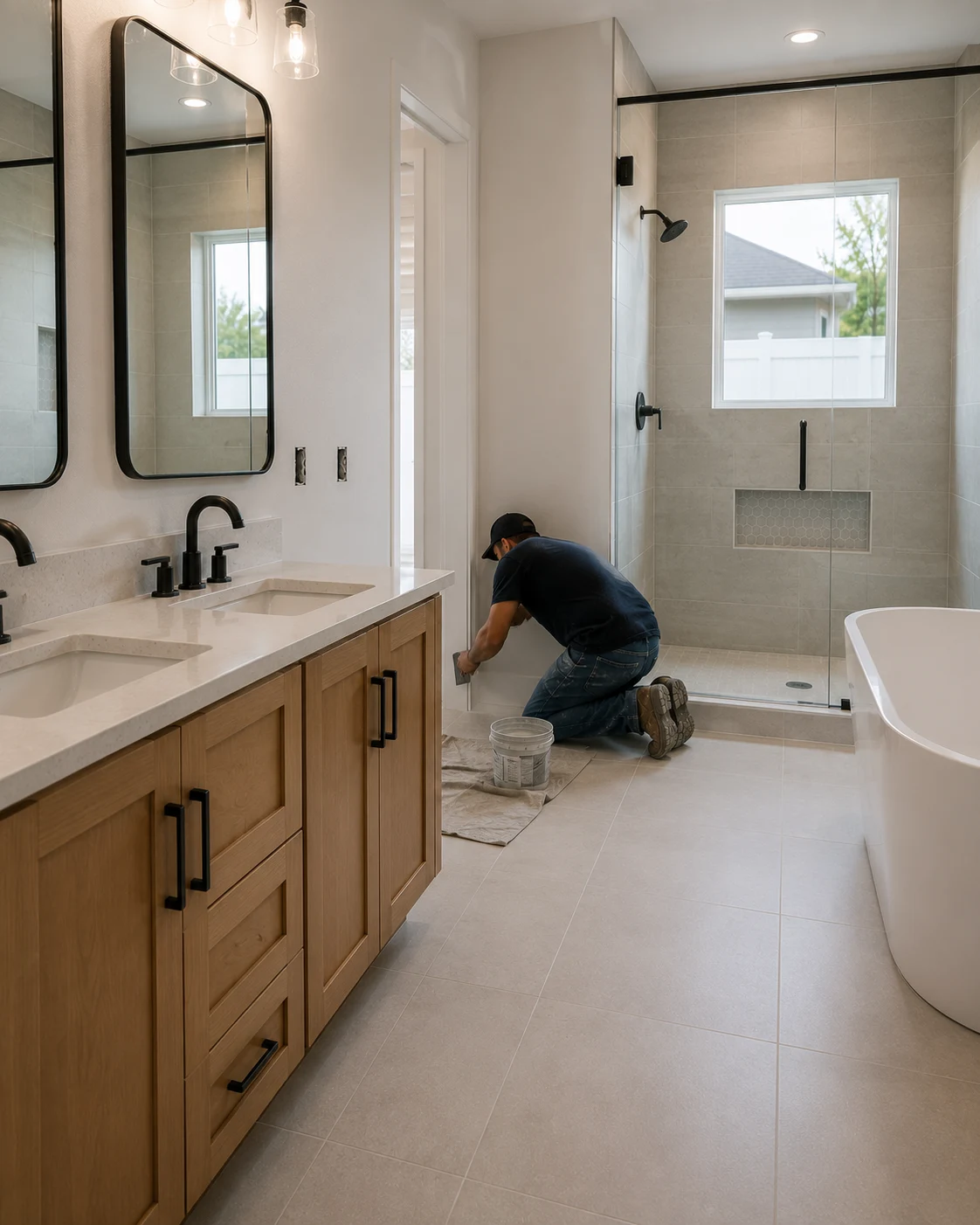 Installer kneeling to finish the base of a wall in a nearly complete bathroom, with a tiled shower, freestanding tub and double vanity already in place