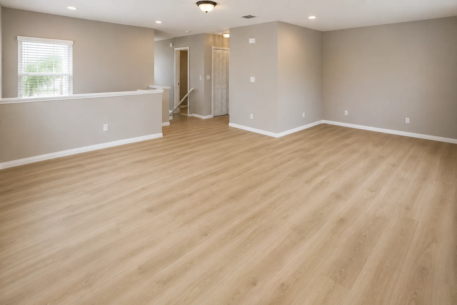 Concept visualization of warm wide-plank hardwood flooring in an open living space