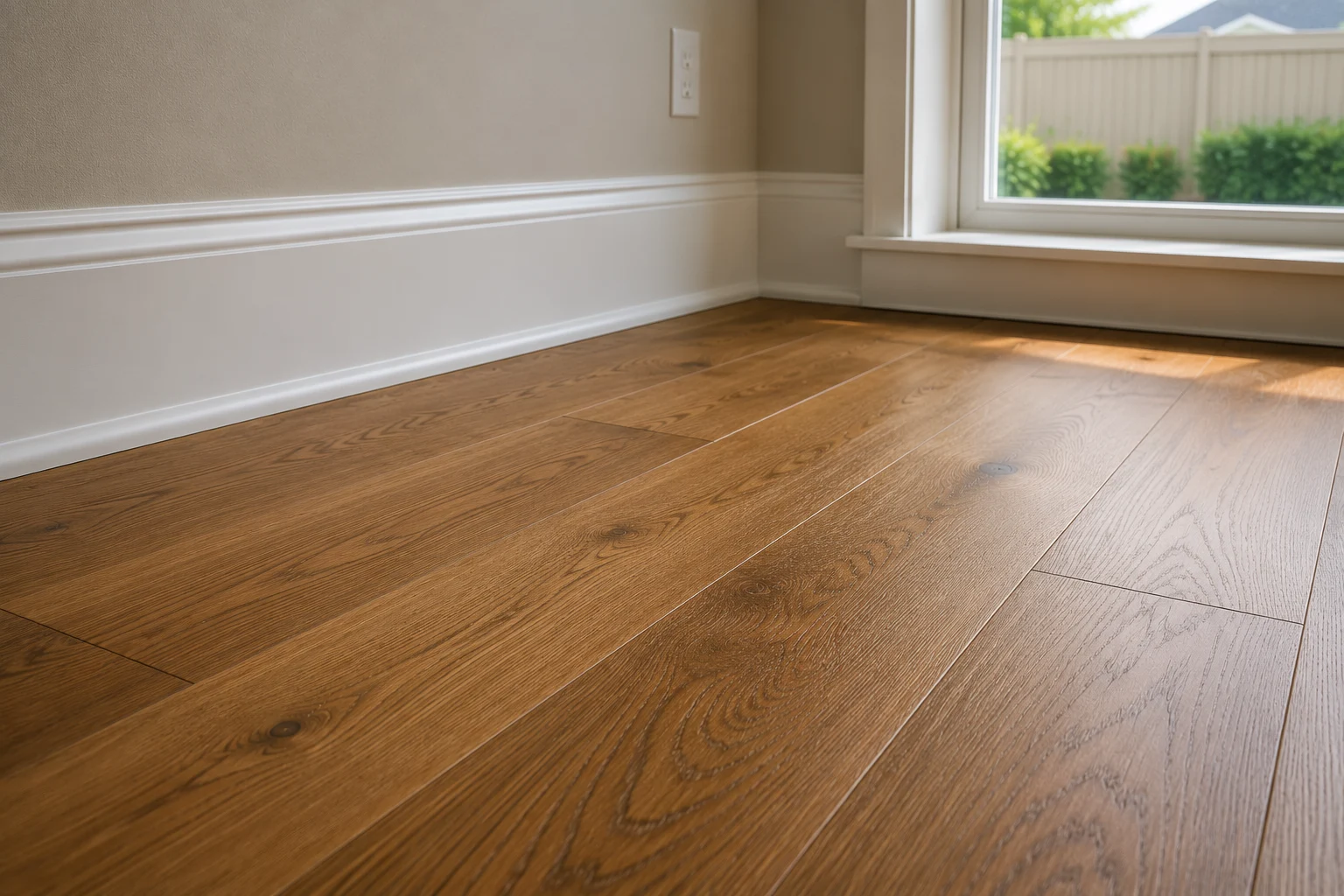 Wide oak-look plank flooring installed in a room with white baseboard and daylight from a window