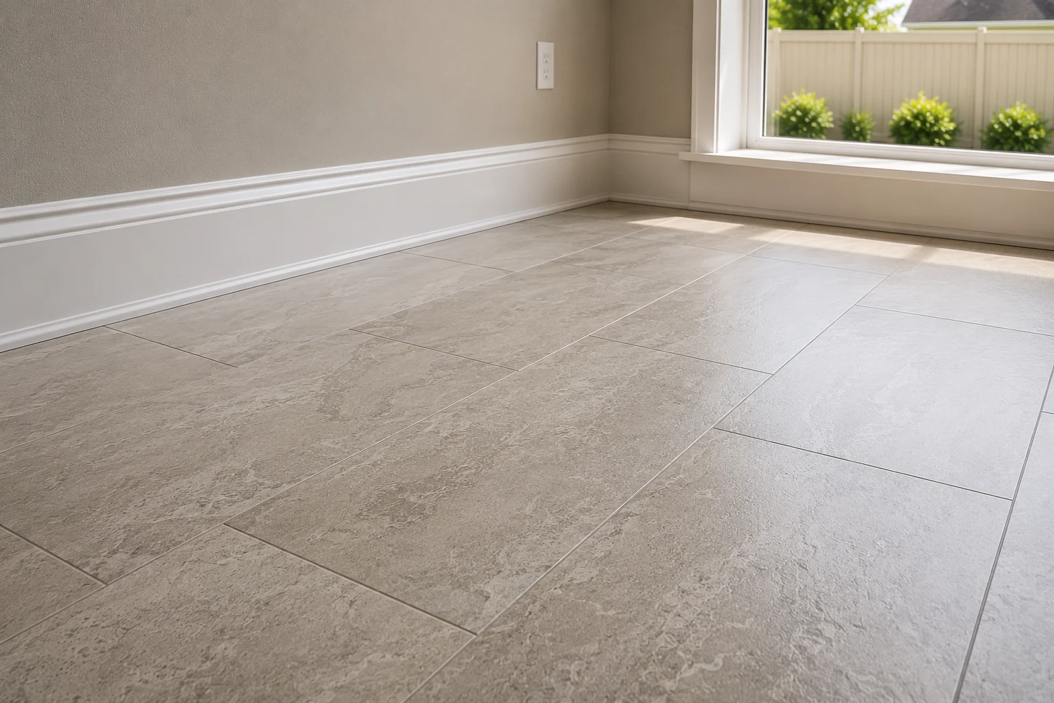 Large-format grey stone-look porcelain tile installed across a room, running to white baseboard beside a window
