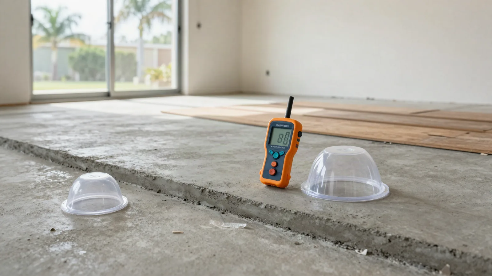 Bare concrete slab with a handheld moisture meter and two clear test domes, ready for testing before new flooring
