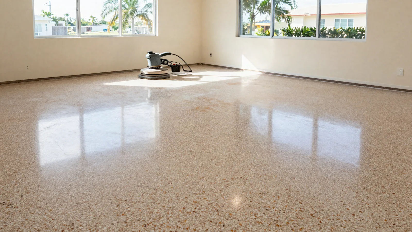 Polished terrazzo floor in an empty room, with a floor polishing machine in the background