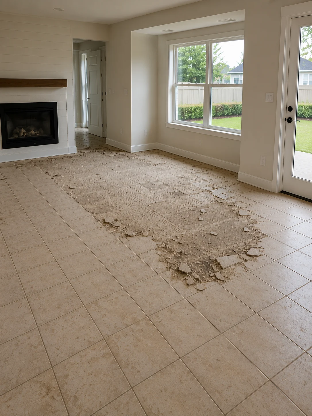 Ceramic tile removed down to the subfloor across a living room, exposing the surface a new floor will be installed over