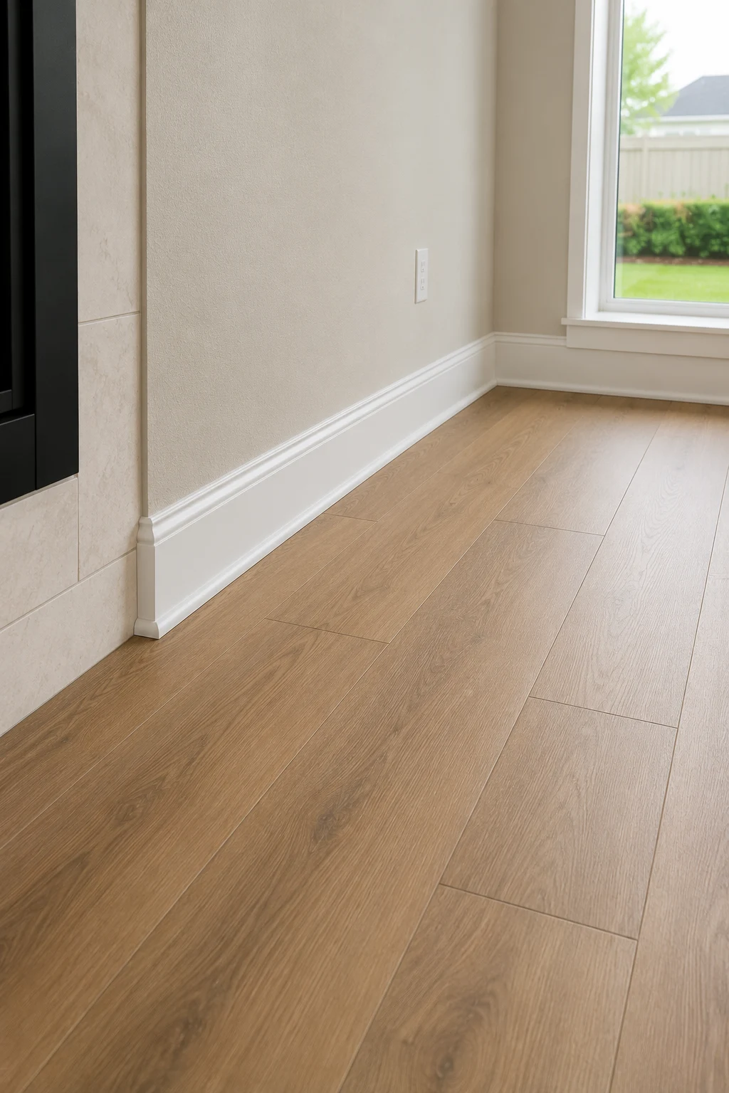 Wide wood-look plank flooring running up to a tiled fireplace surround and white baseboard, with daylight from a window