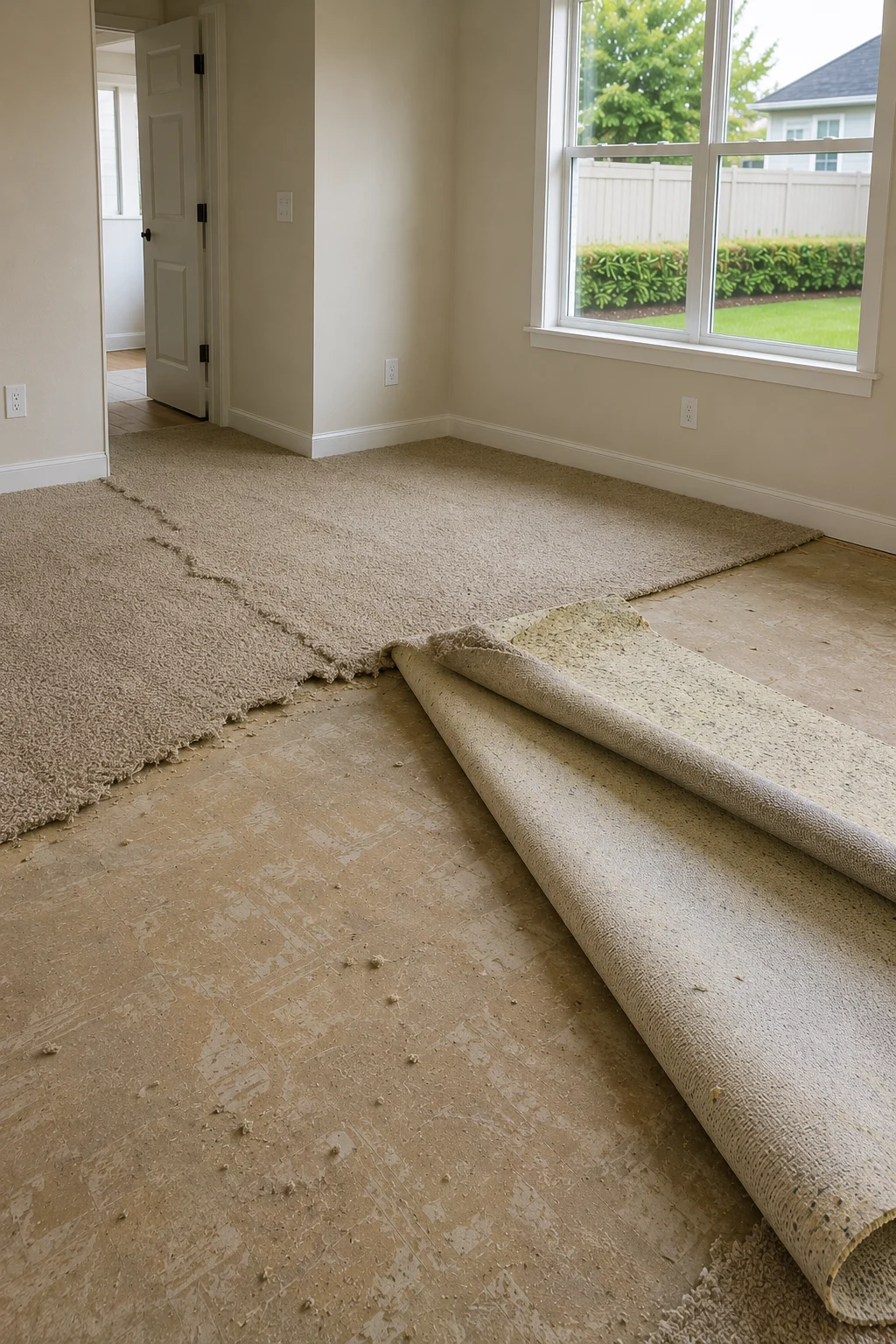 Old carpet and pad rolled back off a bedroom floor, exposing the bare subfloor before a new floor is installed