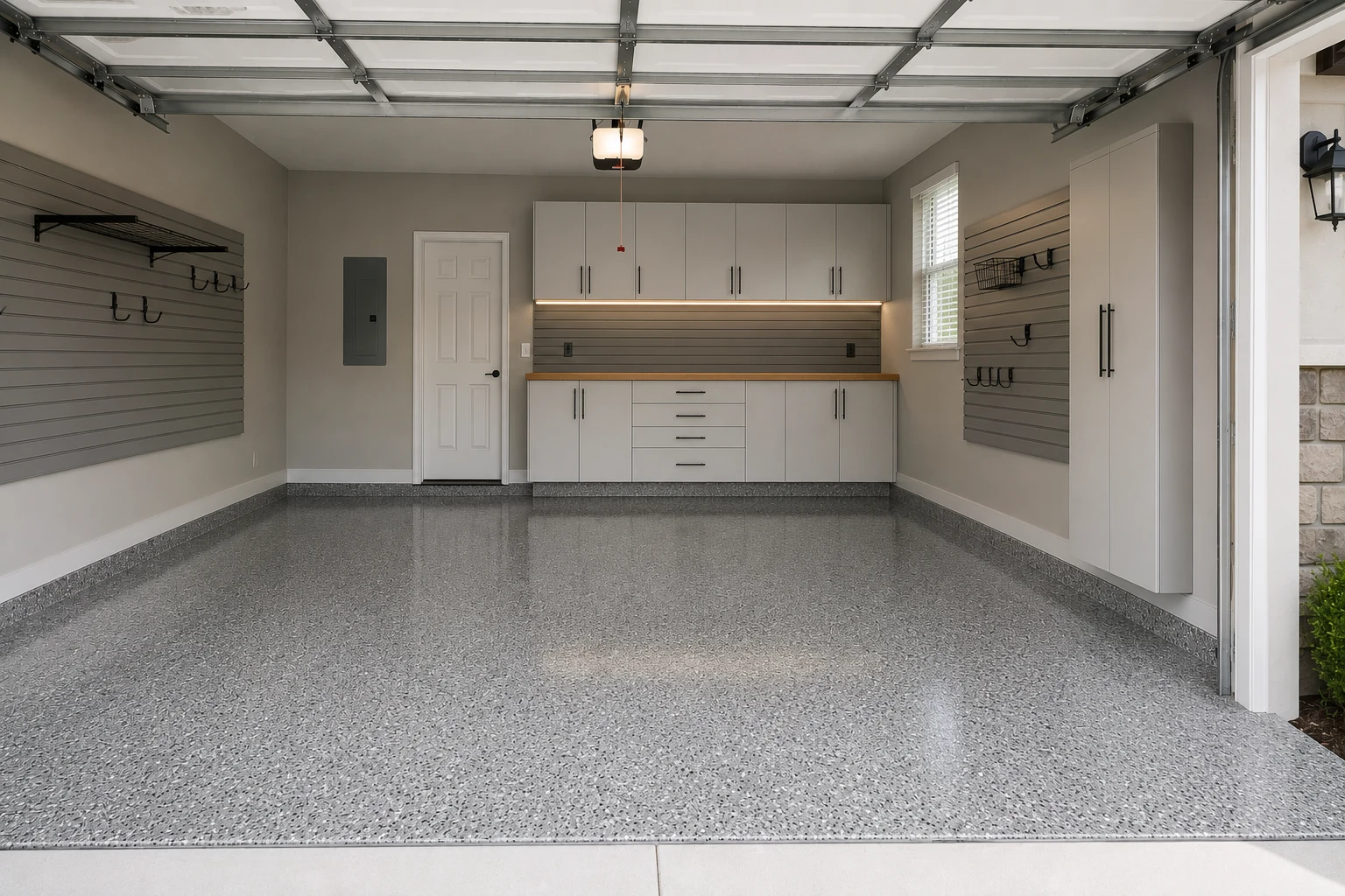 The same garage after a makeover, with a flake floor coating, wall-hung cabinets, slatwall panels, hooks and a tall storage unit
