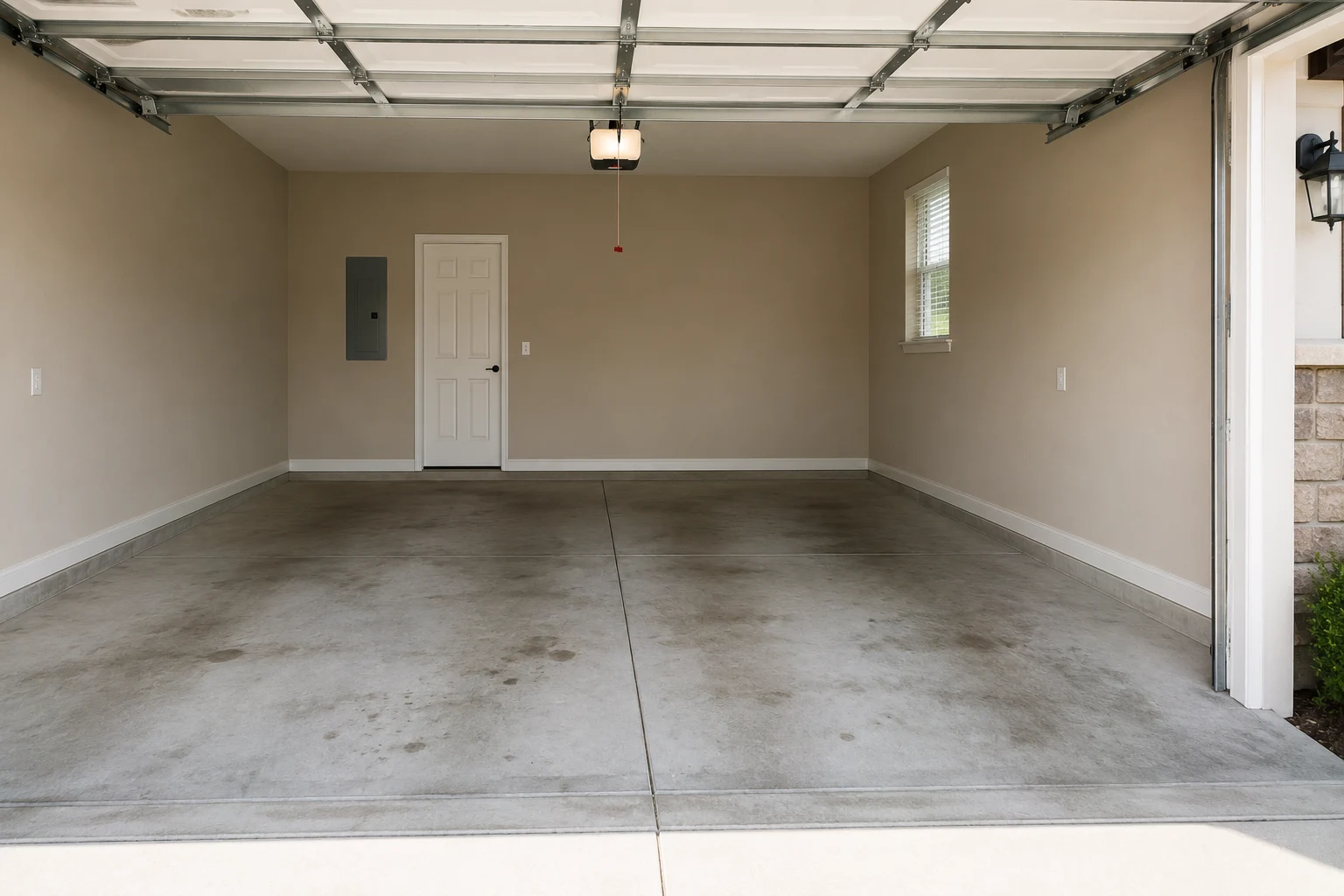 Empty two-car garage with bare stained concrete, beige walls and no storage on any surface