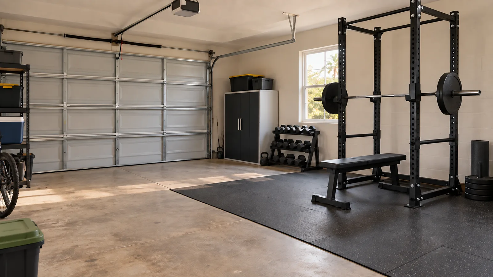 Garage home gym with a power rack, weight bench, dumbbell rack and rubber floor mats beside the garage door