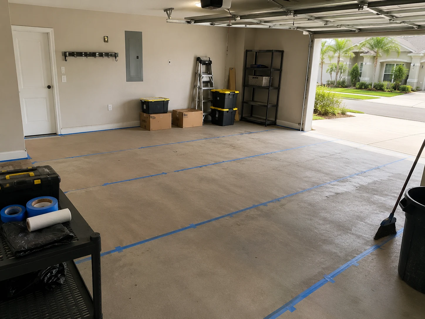 Emptied two-car garage with a bare concrete slab, control joints masked with tape and storage moved to the back wall