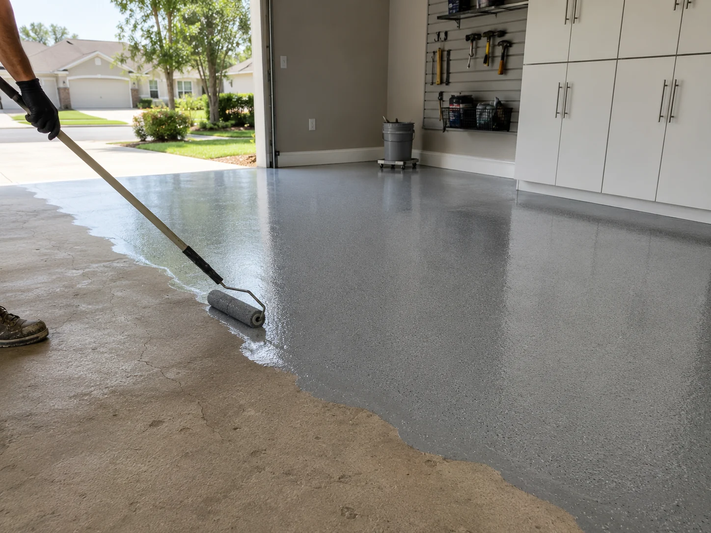 Grey floor coating being rolled across a garage slab, with wall-mounted tool storage and white cabinets already installed behind