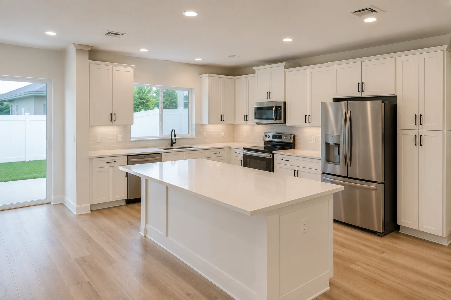 Finished L-shaped kitchen with white shaker cabinets, quartz counters, a central island and stainless appliances, open to a sliding door onto the yard
