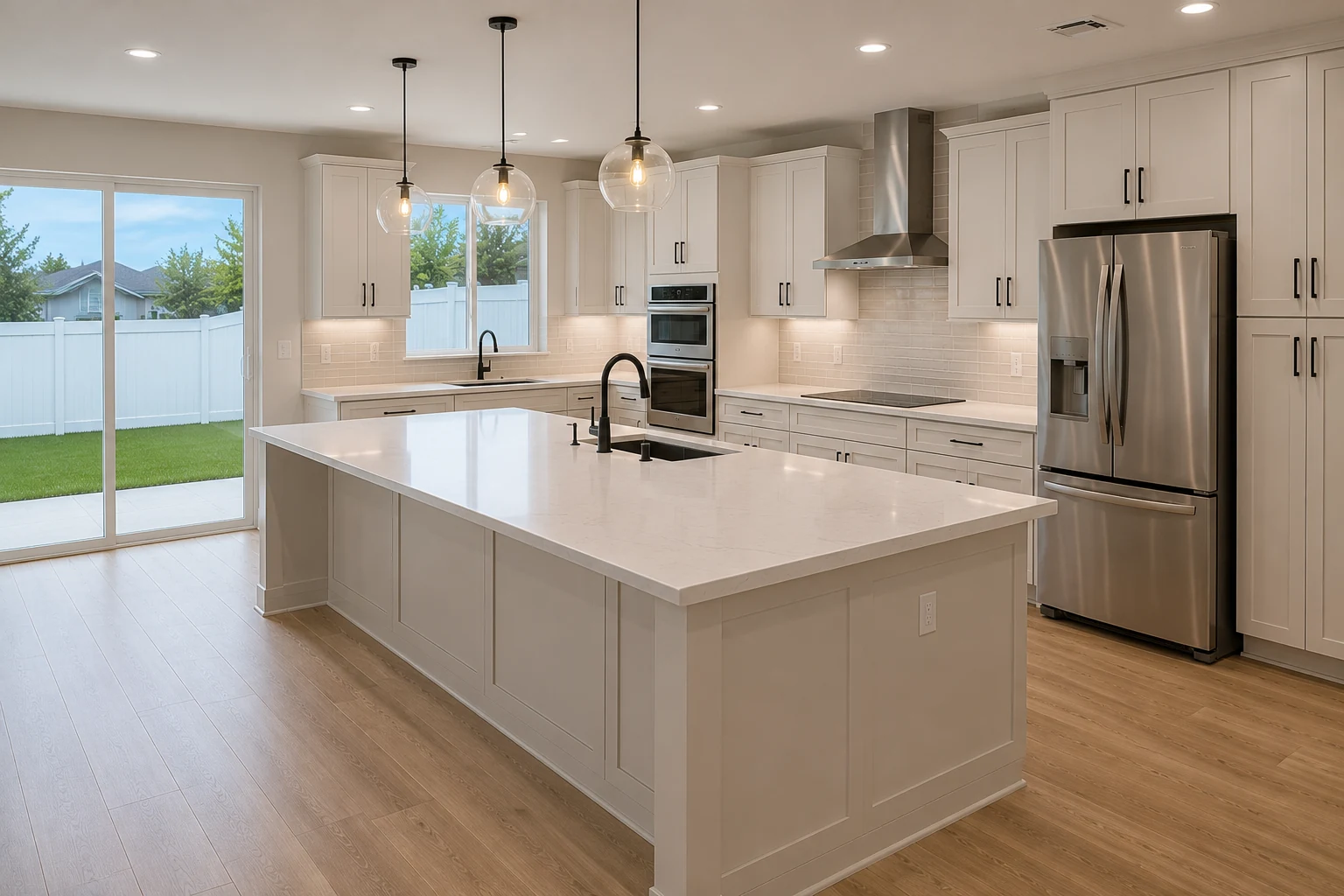 Open kitchen with a long island under three pendant lights, wall ovens and a hood on the back run, and a sliding door to the yard beyond