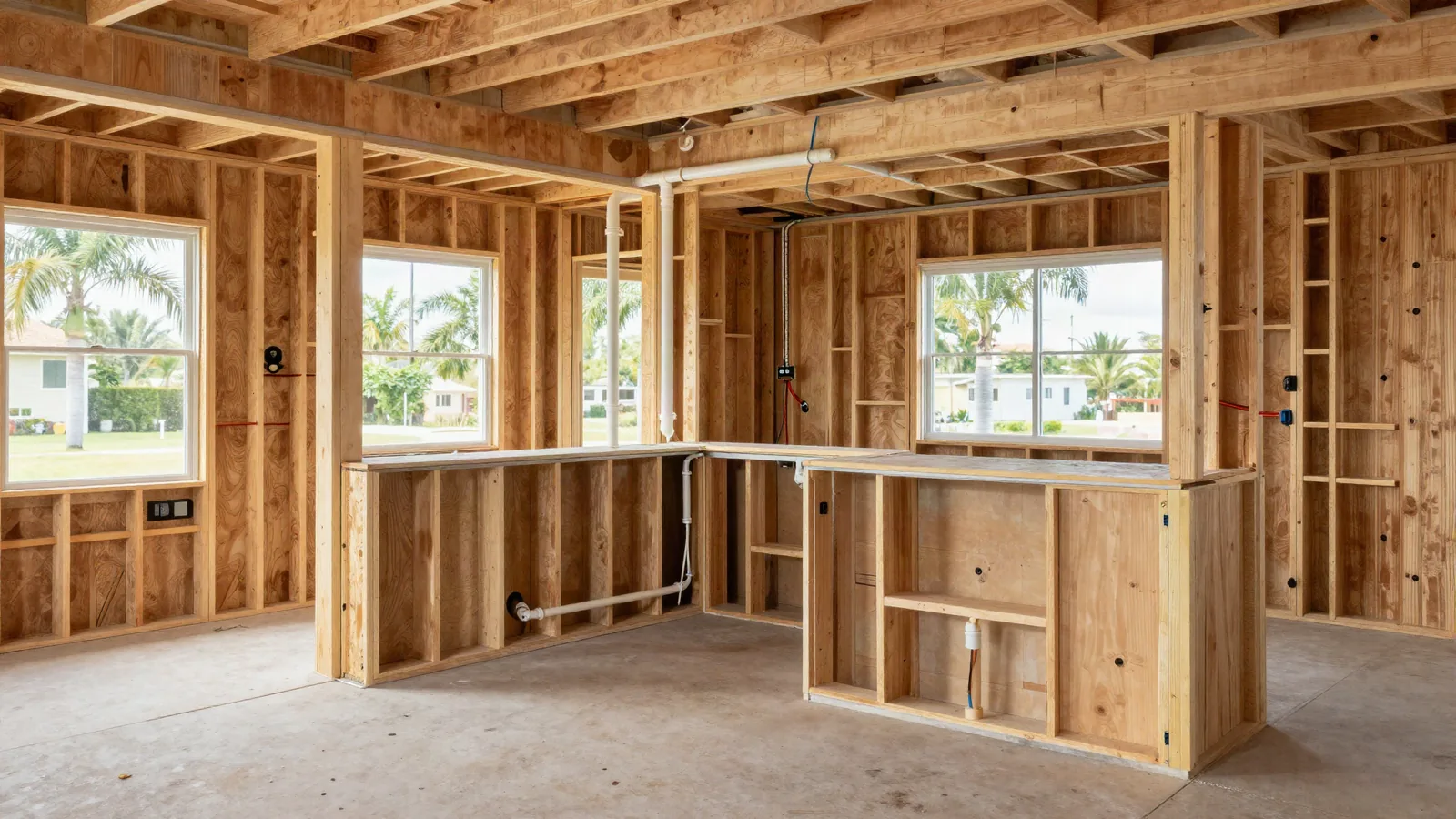 Kitchen under construction with open wood framing, exposed plumbing and electrical boxes at the rough-in stage