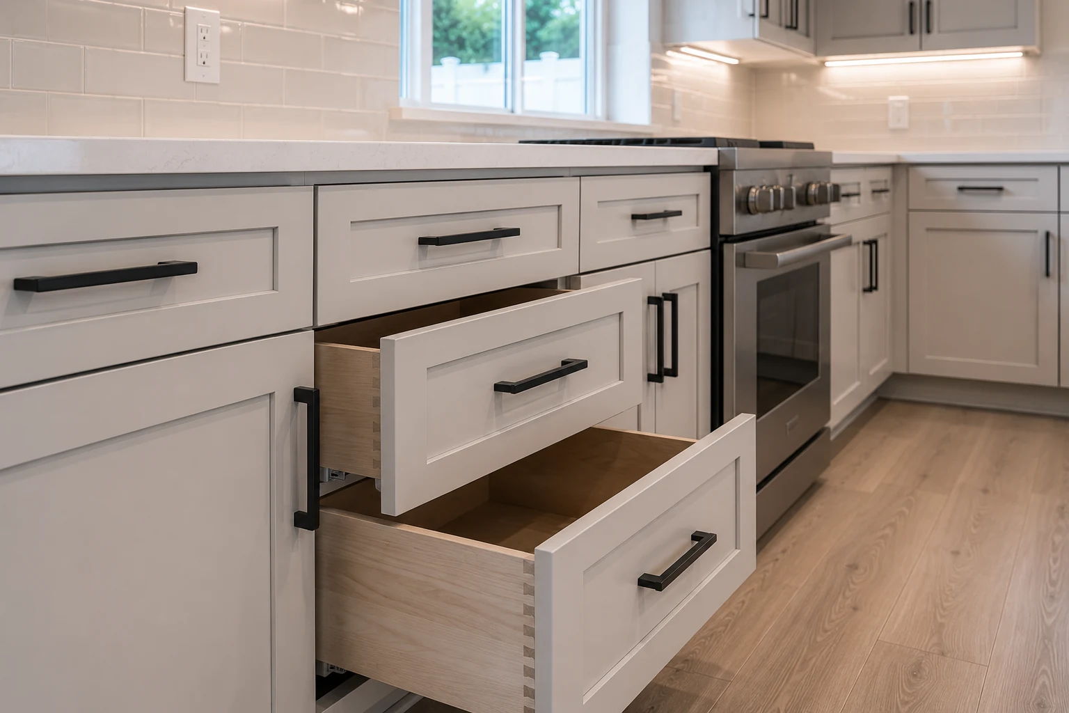 Two deep drawers pulled open in a run of pale kitchen cabinets, showing dovetailed drawer boxes and full-extension slides beside a range