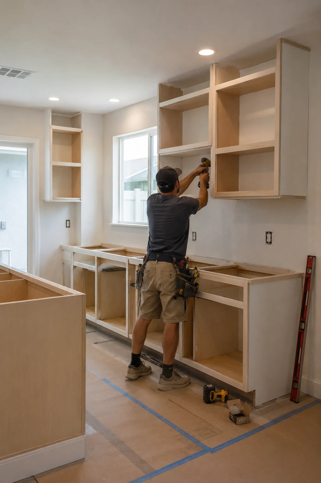 Installer securing an upper cabinet box to the wall in a kitchen where the base cabinet boxes are already set and the floor is covered with protection paper