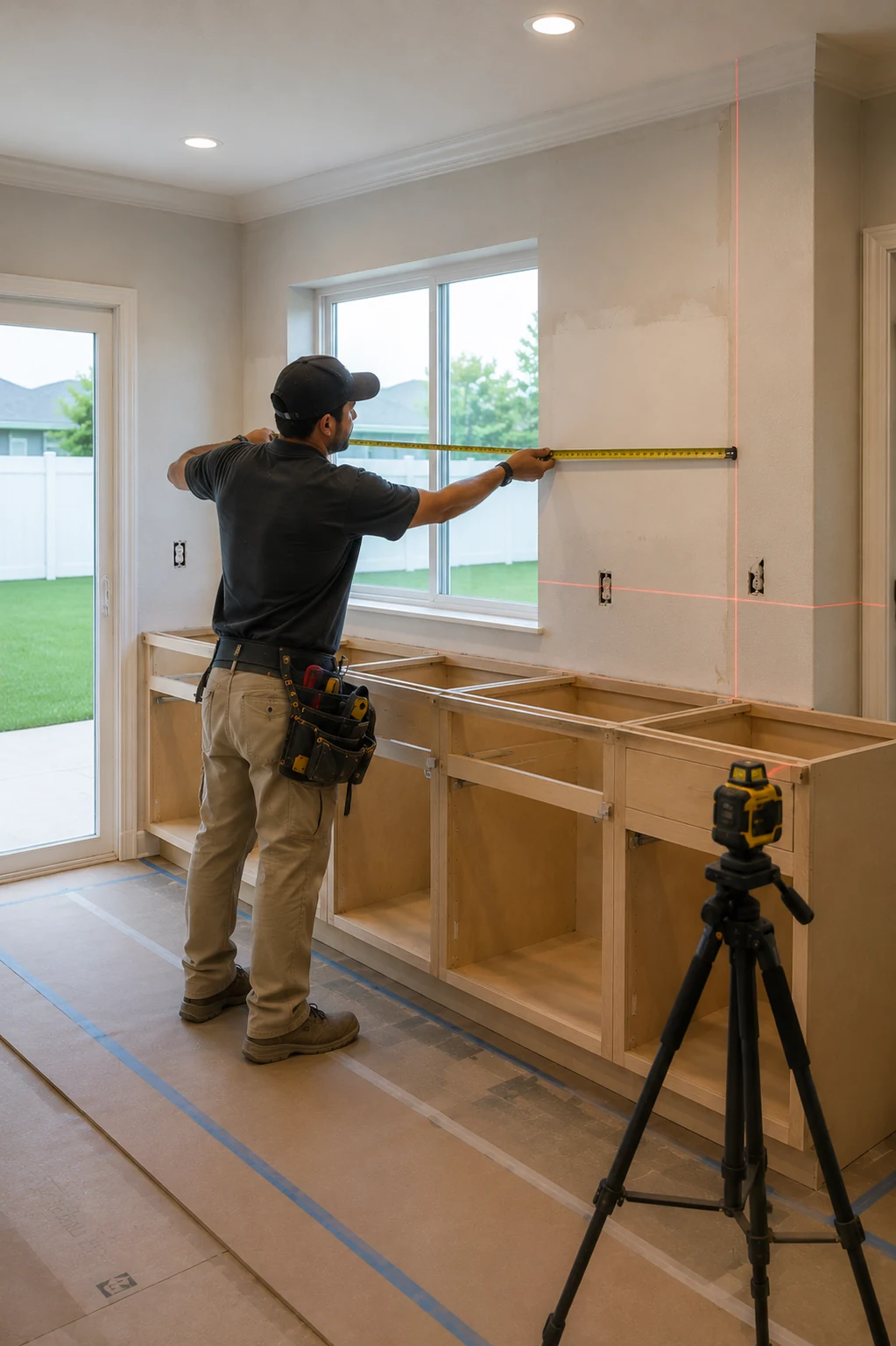 Cabinet base run being laid out with a laser level during a SAVAM House kitchen remodel