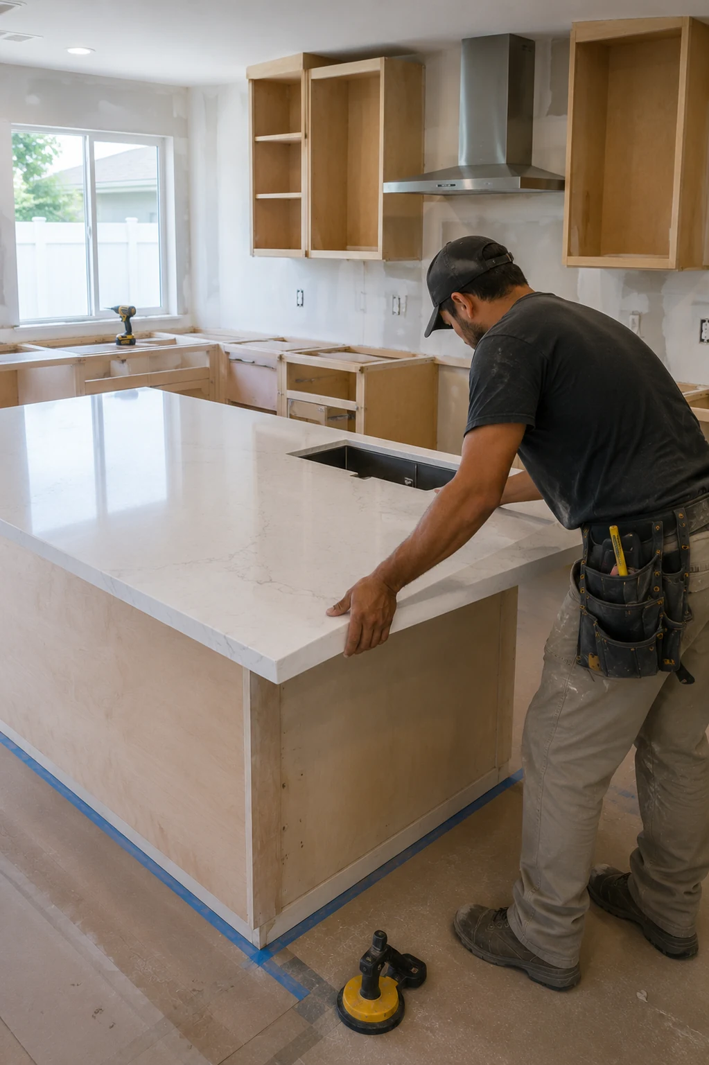 Installer setting a quartz island countertop over new cabinet boxes in a kitchen still under construction