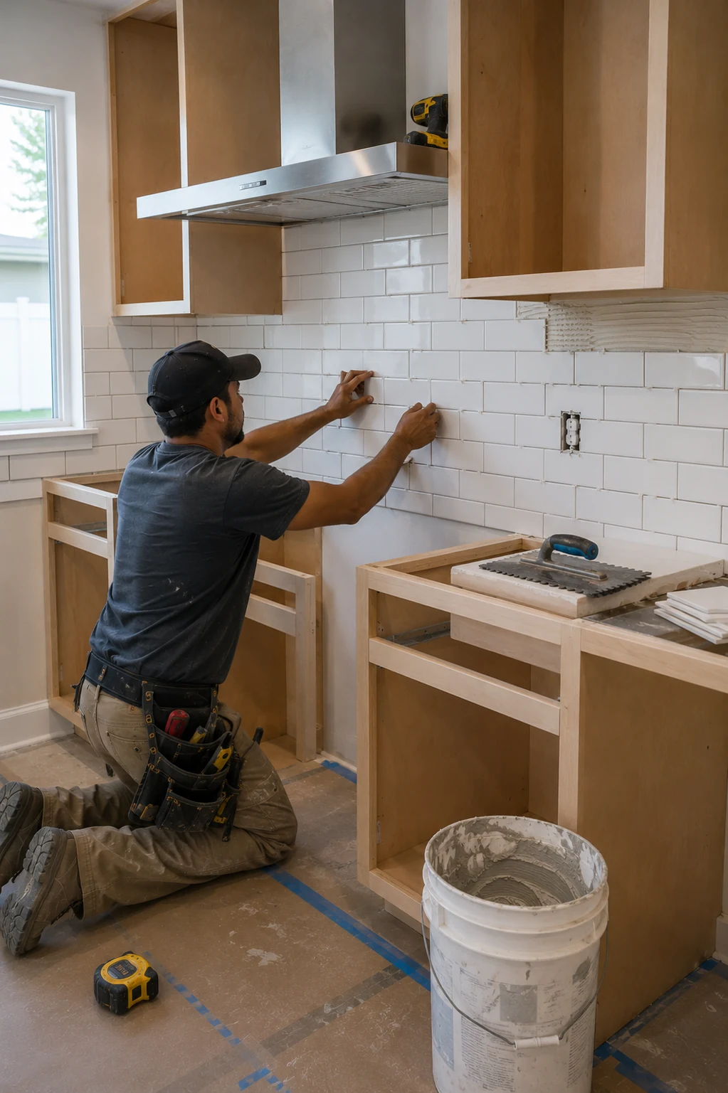 Installer setting subway backsplash tile by hand above a run of cabinet frames, with a notched trowel and thinset bucket on the floor