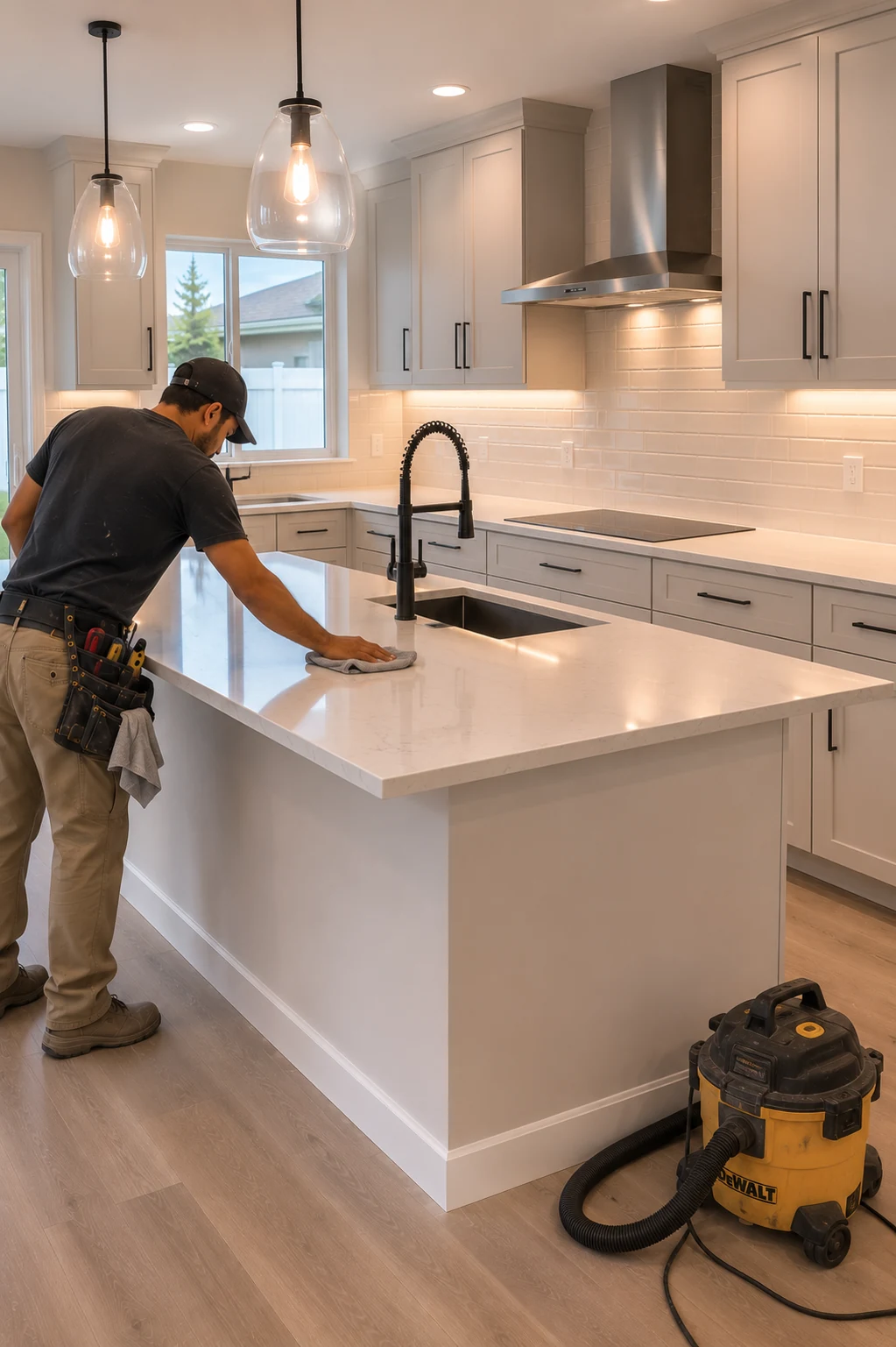 Installer wiping down a finished quartz island in a completed kitchen, with a shop vacuum still on the floor at the end of the job