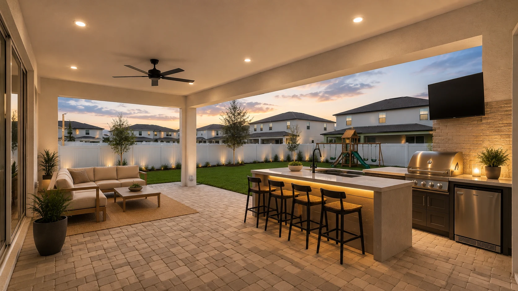 Fully furnished covered lanai with seating area and outdoor kitchen after renovation by SAVAM House