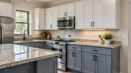 Kitchen with white upper cabinets, gray lower cabinets, granite counters and a white subway tile backsplash