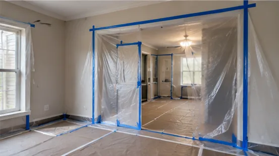Room sealed off with plastic sheeting and blue tape over covered floors, set up for containment before paint work