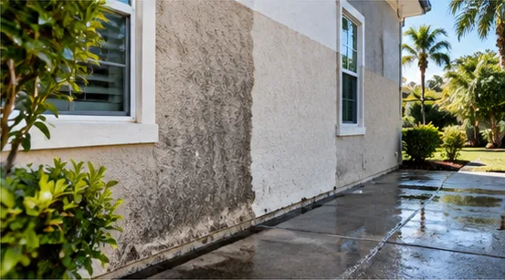 Stucco wall partly washed, showing a stained section beside a cleaned section above wet pavers