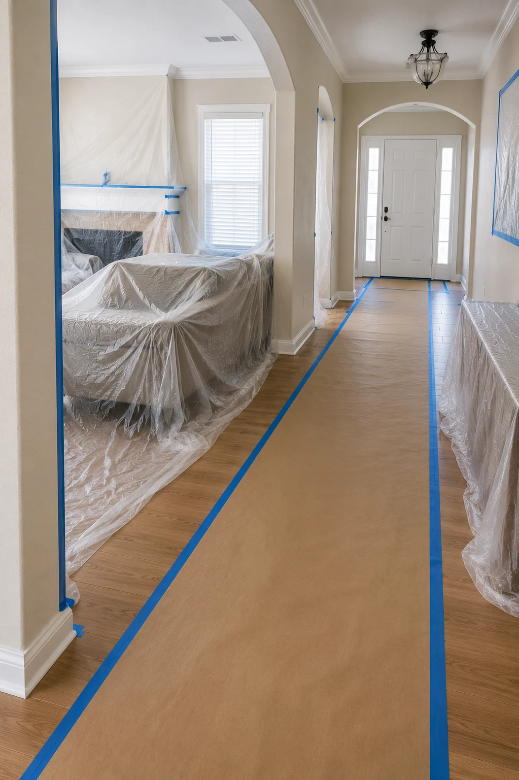 Interior masked before painting, with floor protection taped down, furniture sheeted in plastic and doorways sealed off