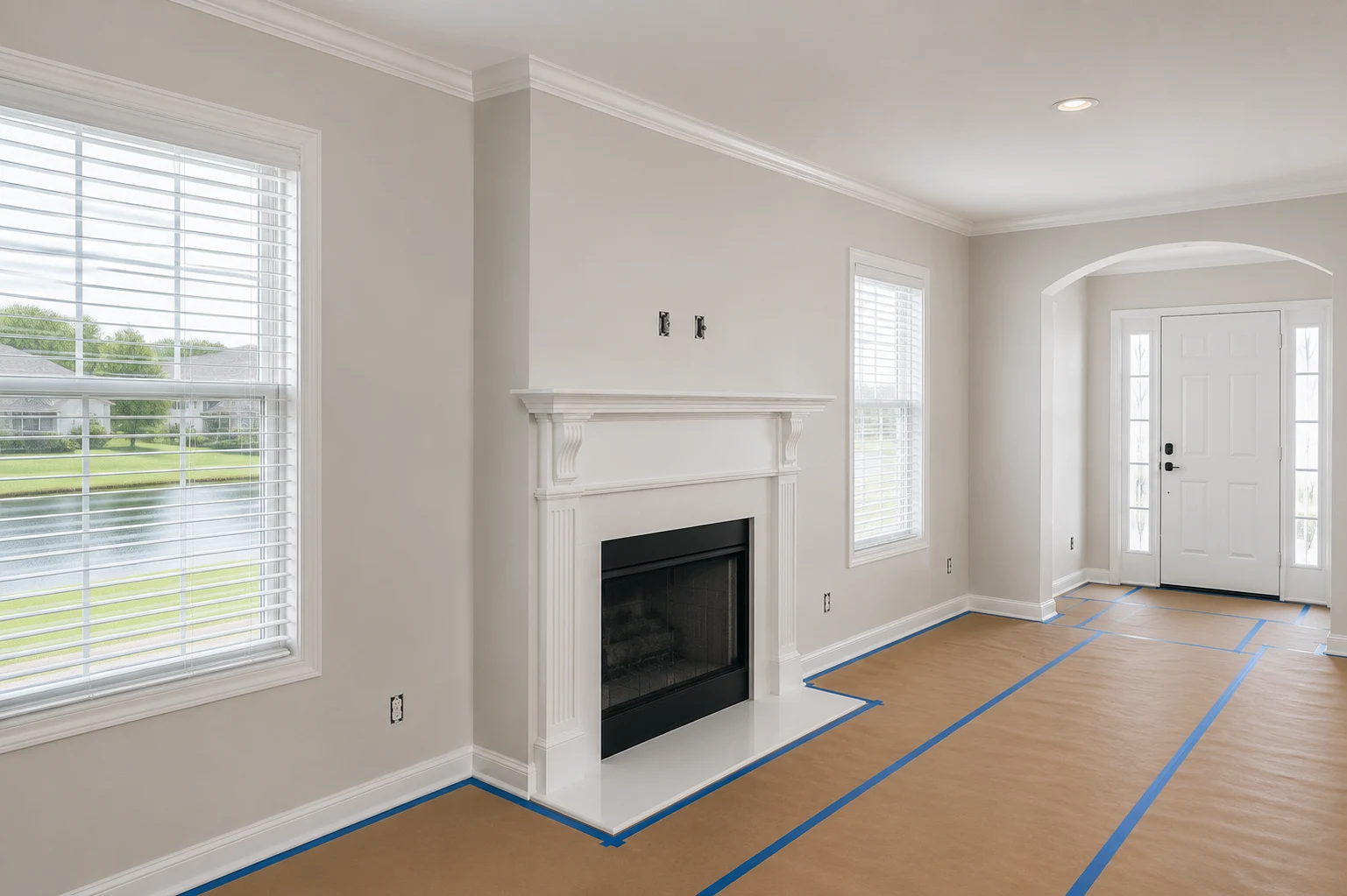Living room repainted in a warm neutral with white trim and crown moulding, floors covered in taped-down kraft paper