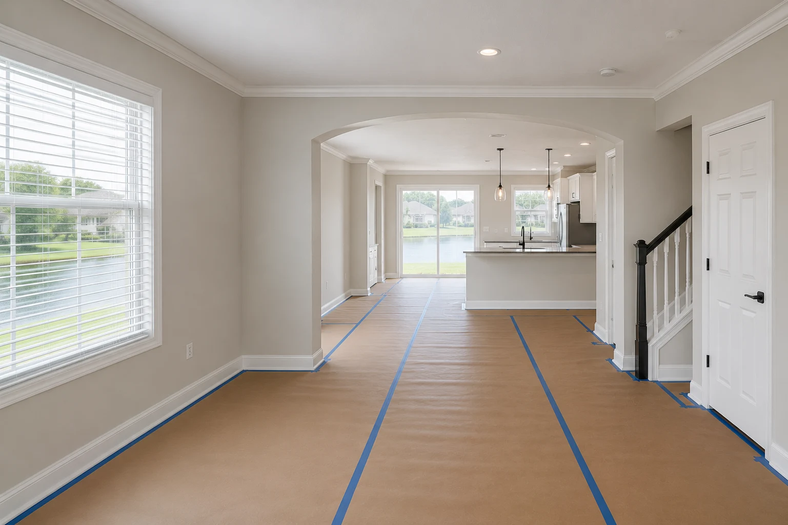 Open-plan entry looking through an arched opening to a kitchen and a sliding door, all walls in the same warm neutral
