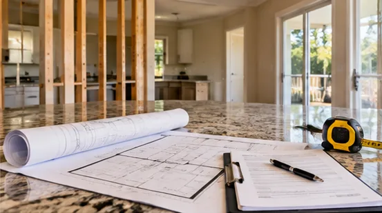 Floor plan drawings, a clipboard with a permit form and a tape measure on a counter in a home under renovation
