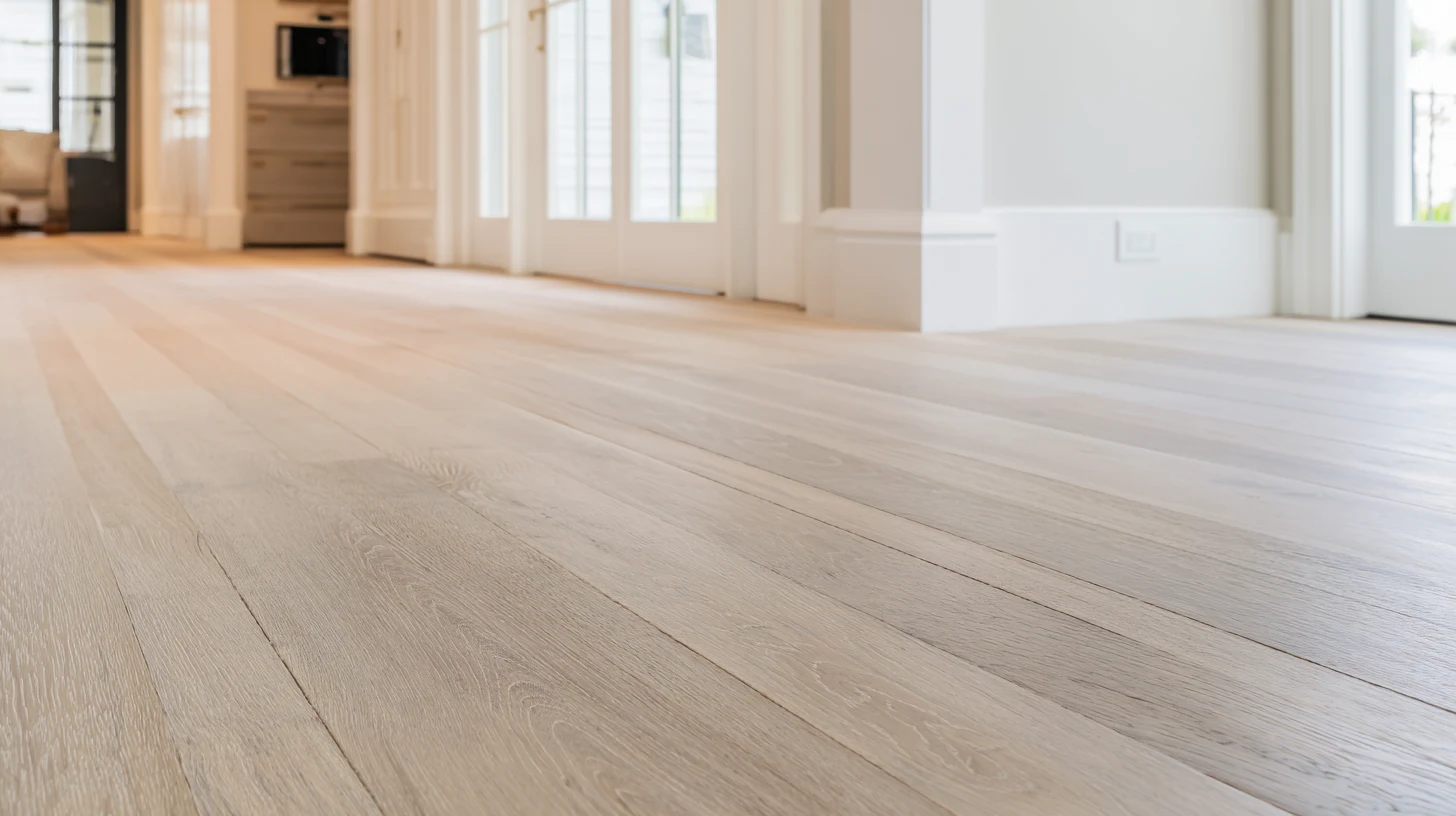 Wide plank floor running continuously from one finished room through an open doorway into the next, with white baseboard and casing already installed