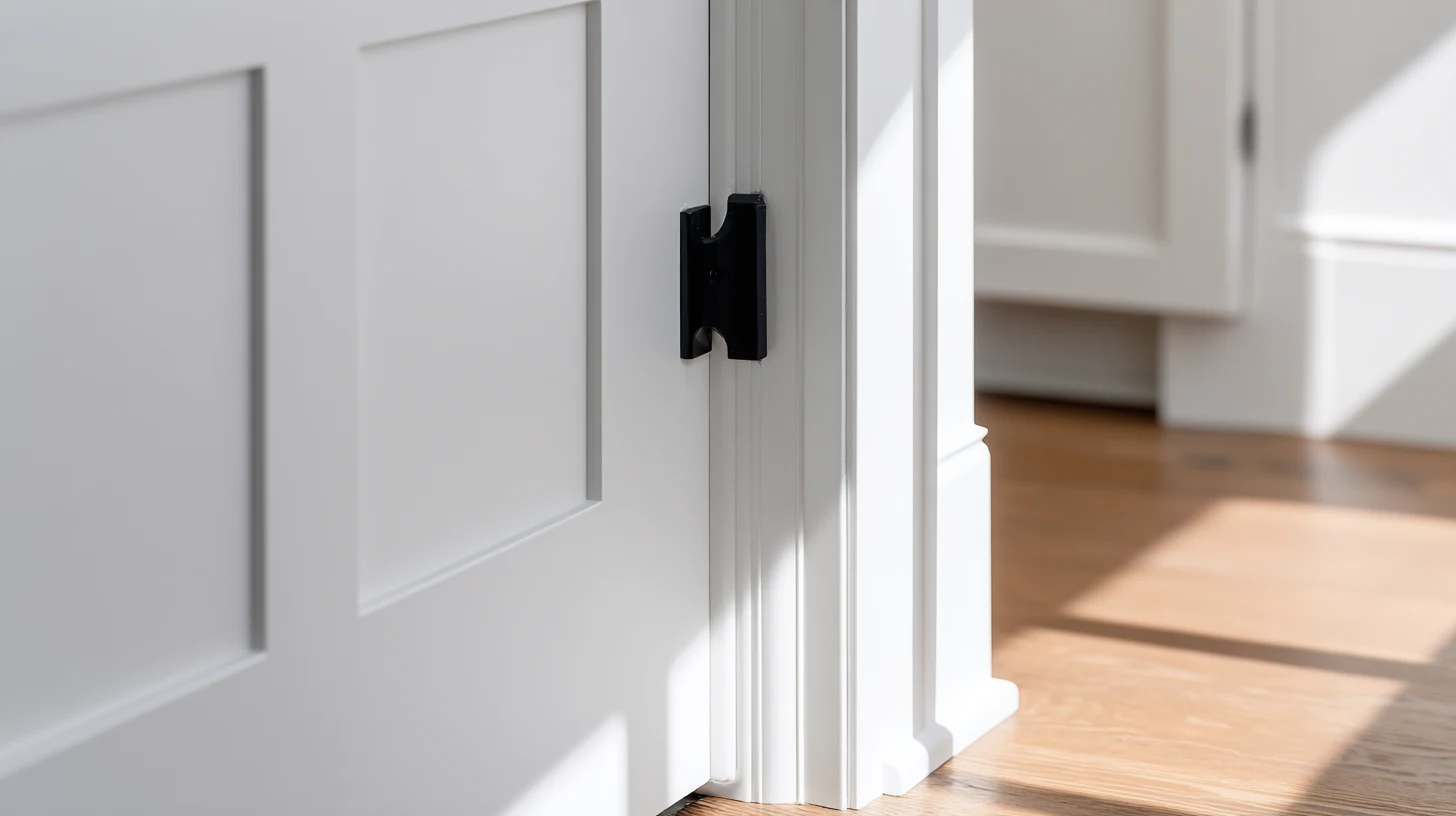 Close view of a white panelled interior door meeting its casing, with a black hinge and a wood floor visible through the opening beyond