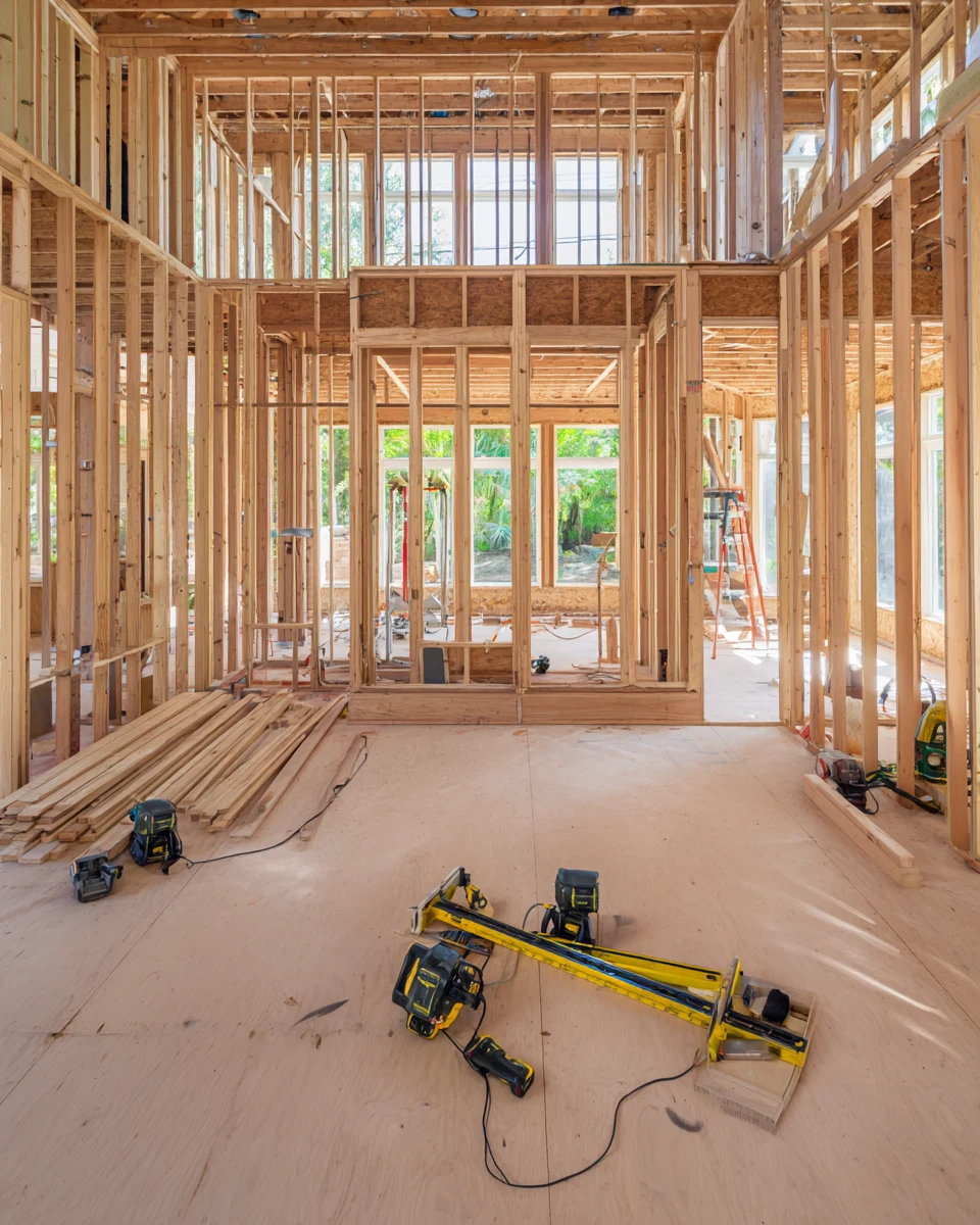 House stripped back to stud framing during a whole-home renovation, with new window openings and a plywood subfloor