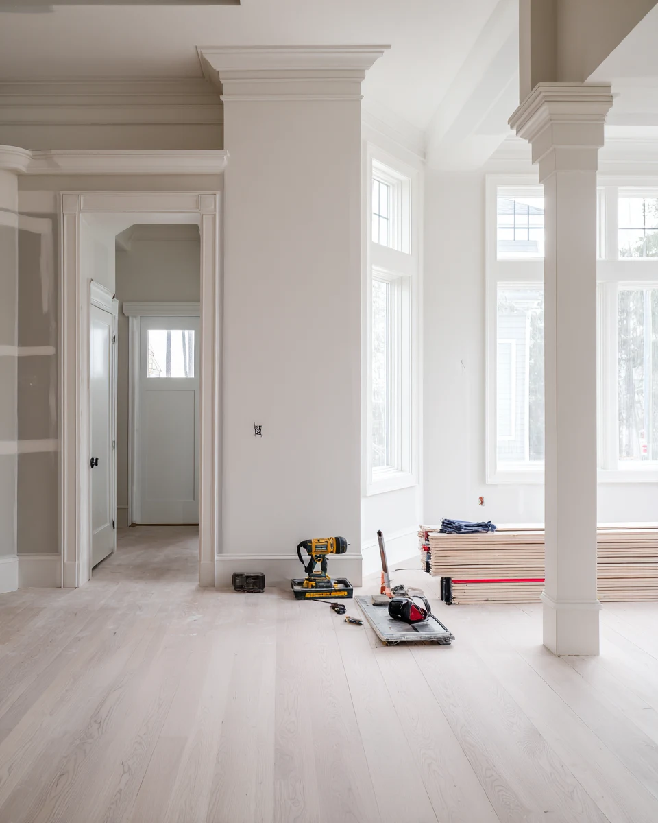 Whole-house renovation with trim and paint finished, new wood flooring partly laid and stacks of planks waiting against the wall